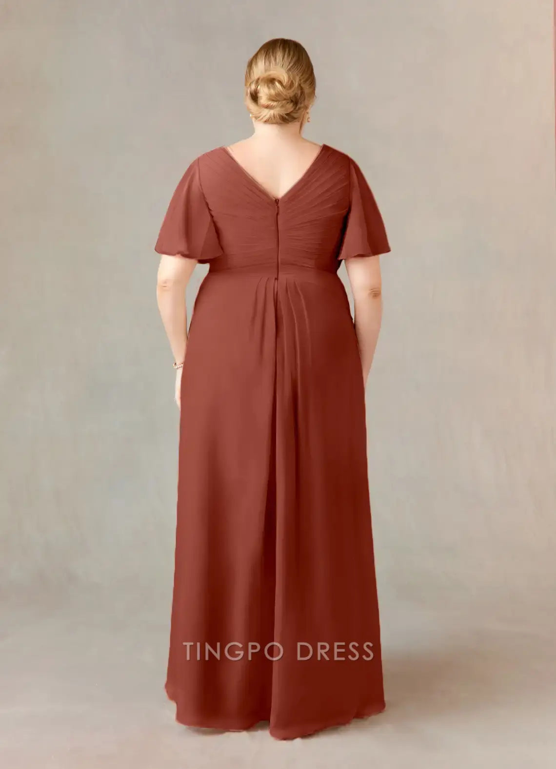 TingPo Wholesale Elegant Plus - Size V - Neck Chiffon Maxi Dress with Flutter Sleeves and Ruched Bodice for Formal Events